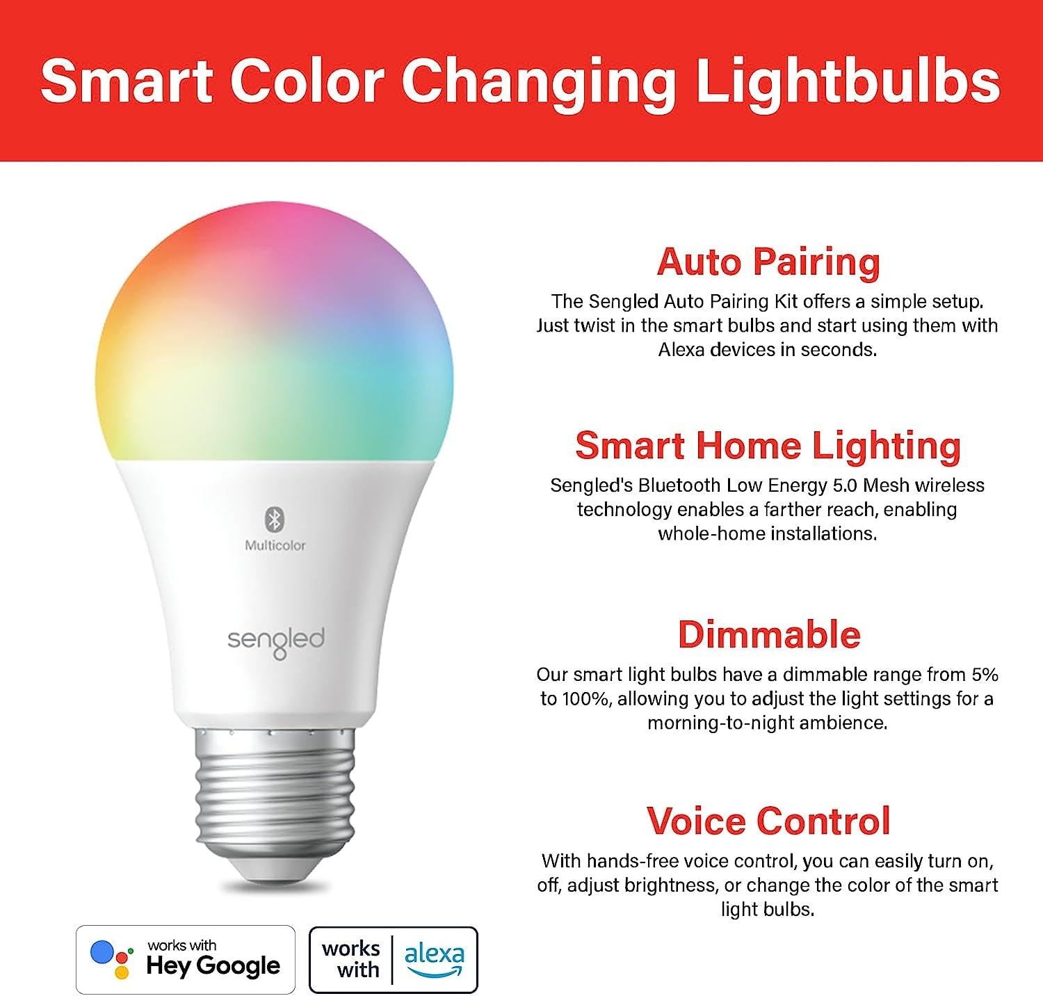 Sengled Smart Light Bulbs, Color Changing Alexa/Bluetooth Mesh, Dimmable LED Bulb A19 E26 Multicolor, High CRI, High Brightness, 8.7W 800LM, 1Pack