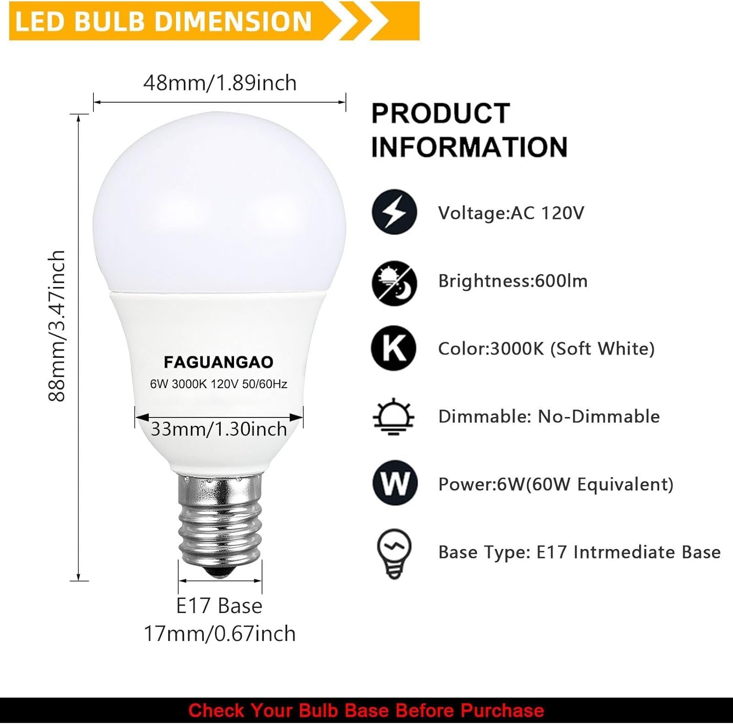 FAGUANGAO E17 Intermediate Base LED G14 Bulbs, 6W 60W Equivalent, 3000K Soft White, 600Lm,Globe Light Bulbs for Ceiling Fan, Chandelier Lighting, Not Dimmable, Pack of 4