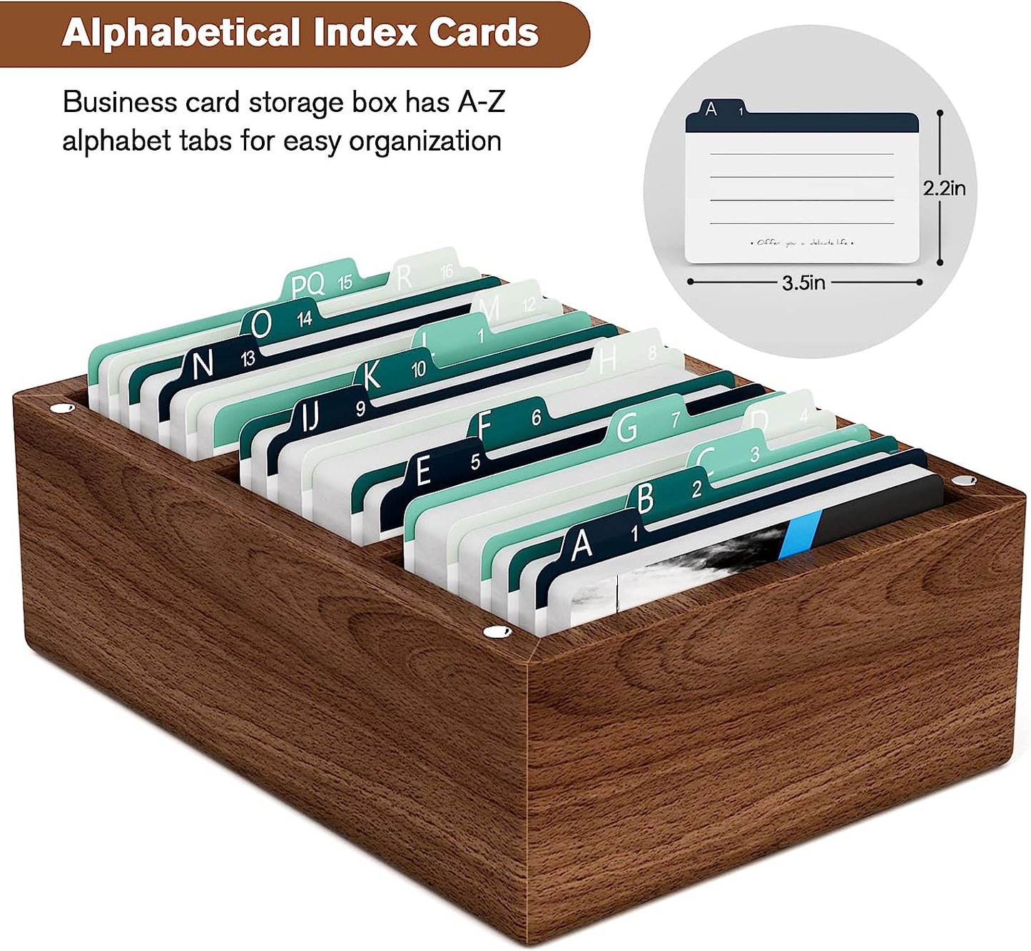 Maxgear Business Card Holder 2.2 X 3.5 Inch Index Card Organizer, Wooden Desktop Business Card Organizer, 3 Divider Boards for 300 Index Cards, A-Z Tab Cards Note Recipe Cards (6.4 X 4.5 X 3 Inch)