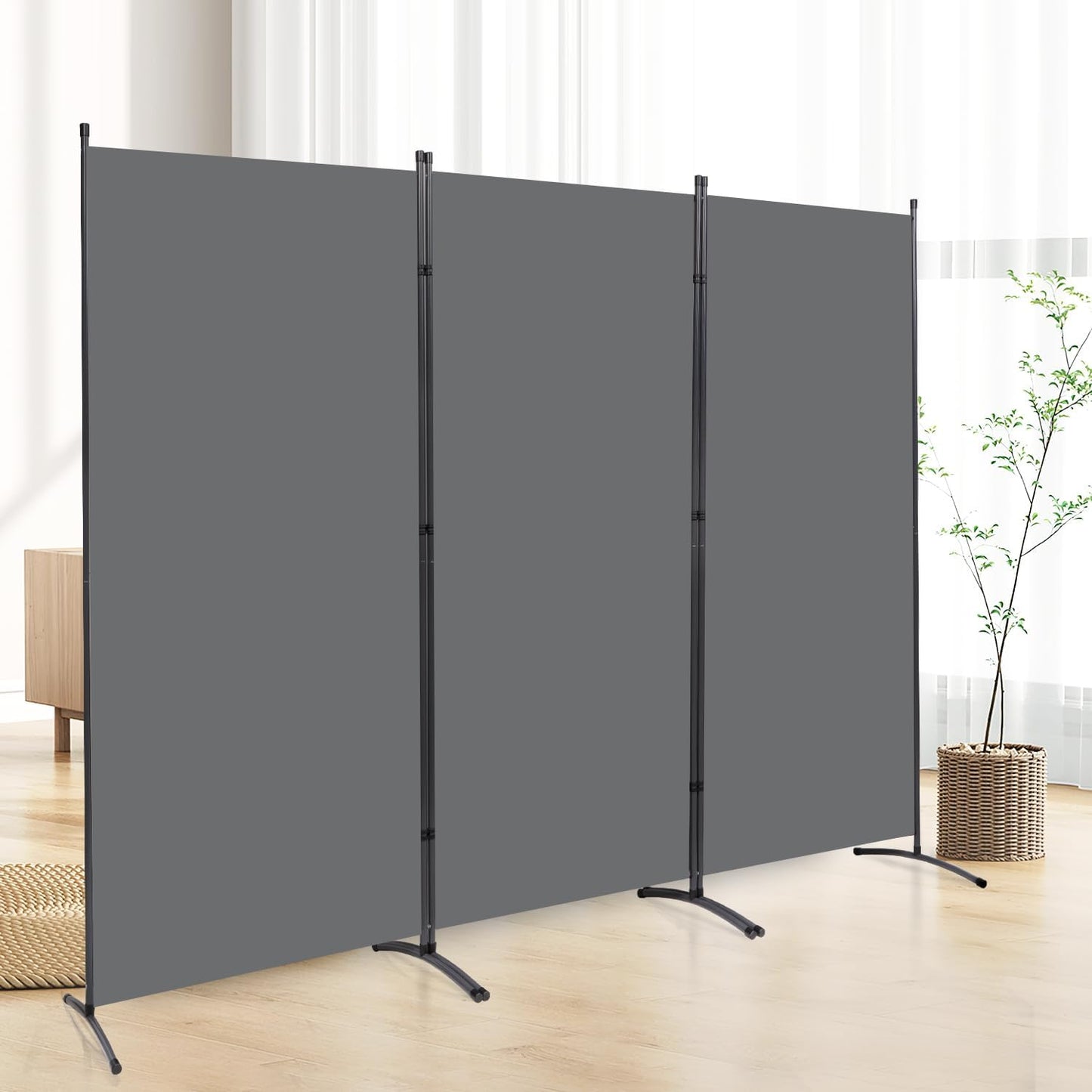 3 Panel Folding Privacy Screens, 6 FT Tall Wall Divider with Metal Frame, Freestanding Room Divider for Office Bedroom Study (3 Panel, Grey)