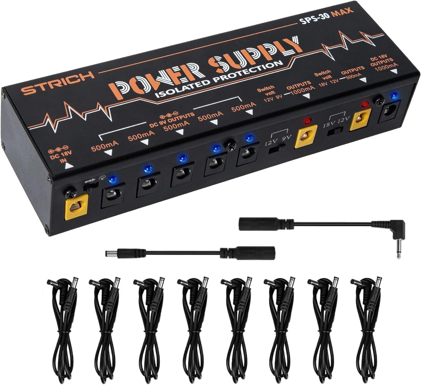 STRICH SPS-30 MAX Guitar Pedal High Power Supply, Pedalboard Power Supply with 8 Totally True Isolated DC 9V/12V/18V Outputs(500Ma/1000Ma), Power Supply for Power-Hungry Effect Pedal, Noiselessly