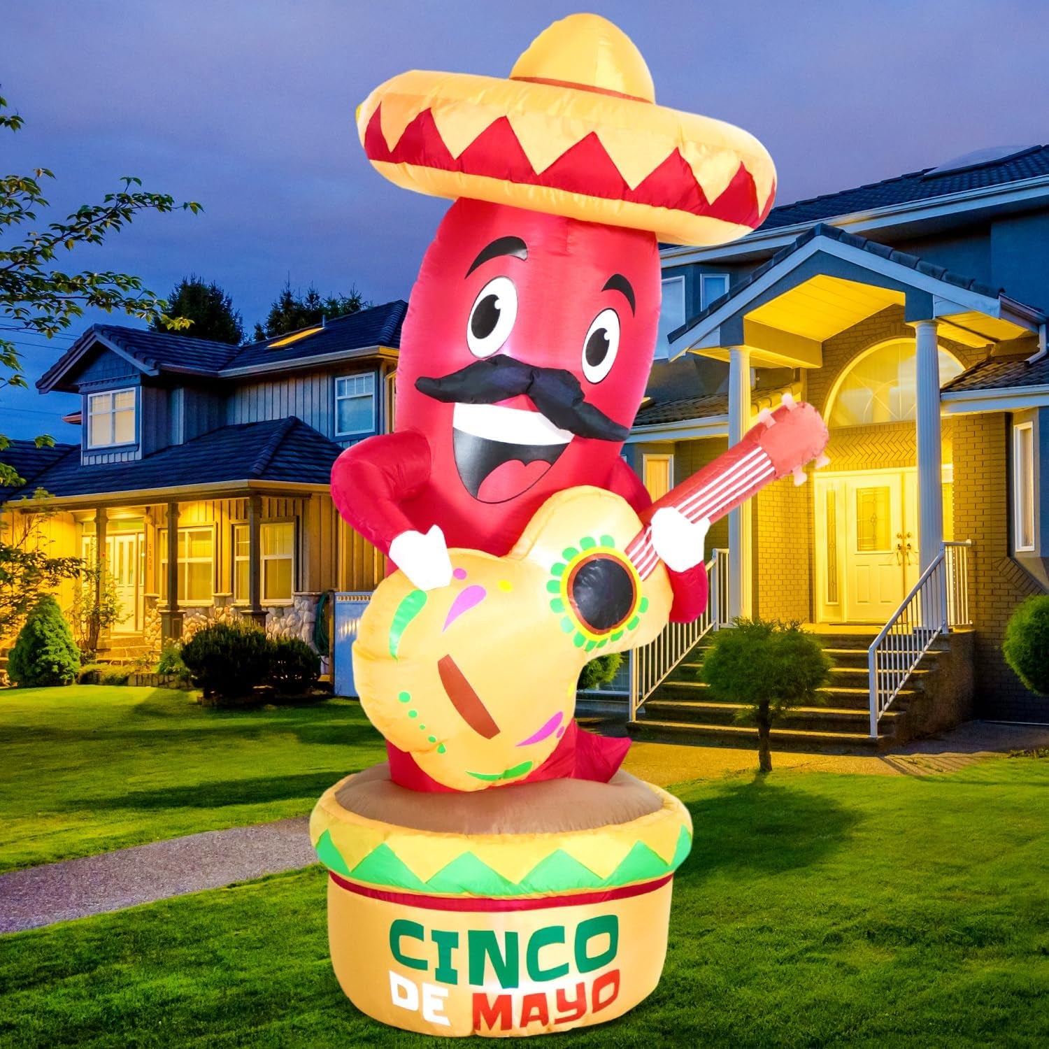 Domkom 6Ft Cinco De Mayo Day Inflatable Chili with Taco Sombreros Guitar, Mexican Party May 5 Taco Sombreros Glasses Built-In Leds Light Fiesta Maracas Blow up for Garden Lawn Yard