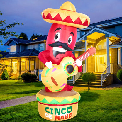 Domkom 6Ft Cinco De Mayo Day Inflatable Chili with Taco Sombreros Guitar, Mexican Party May 5 Taco Sombreros Glasses Built-In Leds Light Fiesta Maracas Blow up for Garden Lawn Yard