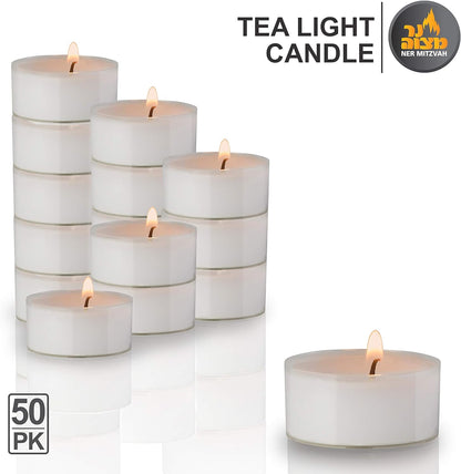 Ner Mitzvah Tea Light Candles - 50 Bulk Pack - White Unscented Tealight Candles in Clear Cup - Long Burning - 4.5 Hour