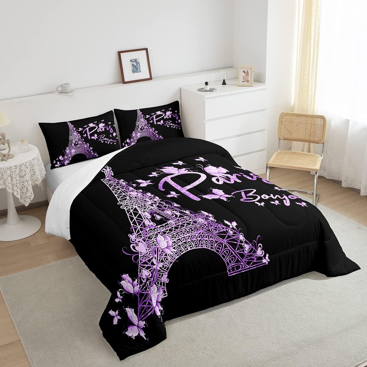 Paris Eiffel Tower Comforter Set Girly Lavender Purple Bedding Set for Kids Boys Girls Butterfly Comforter Famous City Scene Decor Quilt Set Room 3Pcs Full Size