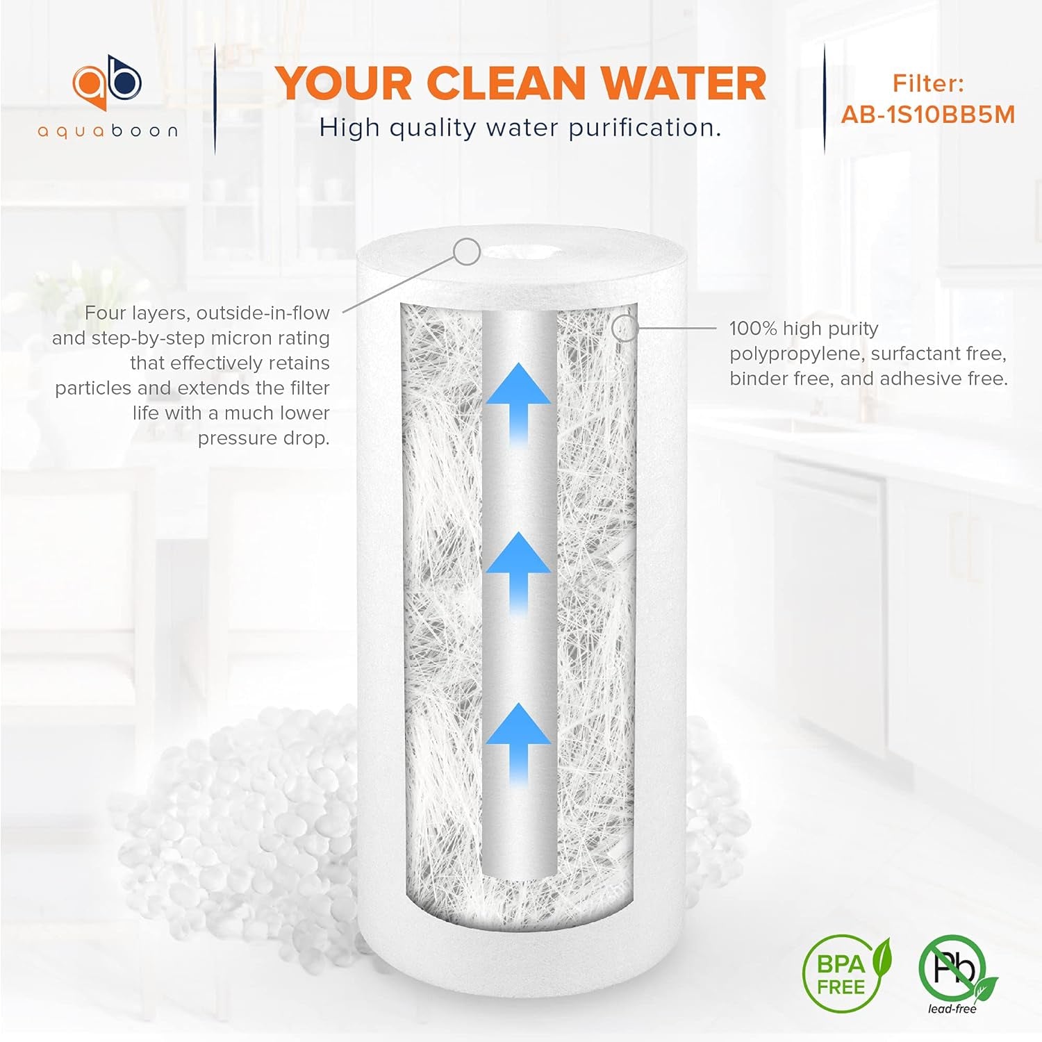 Aquaboon Well Water Sediment Filter - 5 Micron Water Filter 10 X 4.5 - Whole House Sediment Water Filter Replacement Cartridge Compatible with House Water Filters DGD-5005, WFHD13001B, AP810, 4-Pack