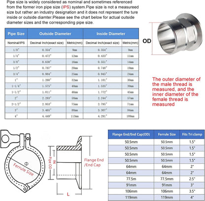 2" Sanitary Tri Clamp Tri Clover Fittings to NPT 1-1/2" Hex Male Thread Adaptor 304 Stainless Steel