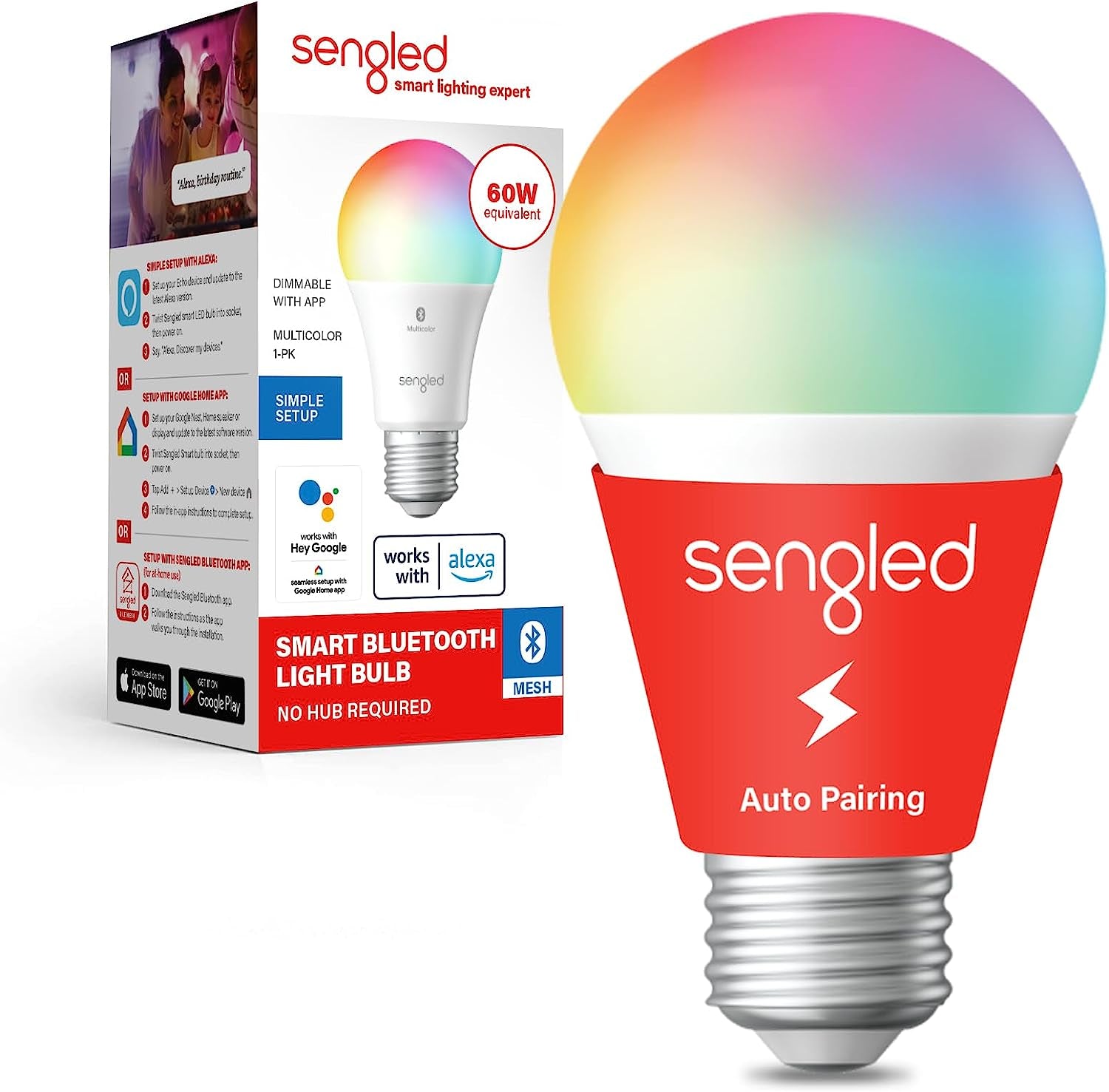 Sengled Smart Light Bulbs, Color Changing Alexa/Bluetooth Mesh, Dimmable LED Bulb A19 E26 Multicolor, High CRI, High Brightness, 8.7W 800LM, 1Pack