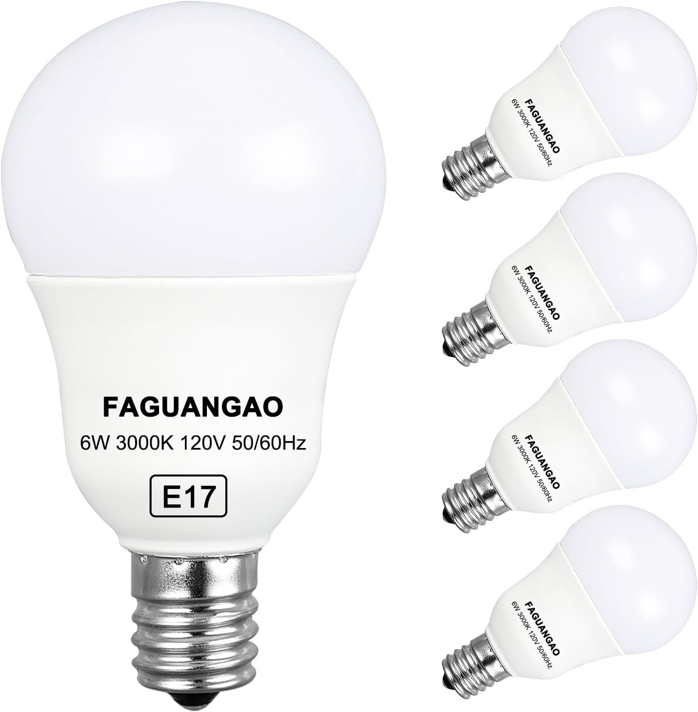 FAGUANGAO E17 Intermediate Base LED G14 Bulbs, 6W 60W Equivalent, 3000K Soft White, 600Lm,Globe Light Bulbs for Ceiling Fan, Chandelier Lighting, Not Dimmable, Pack of 4