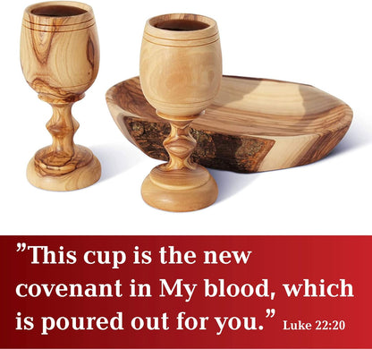 Communion Cups Set, Wooden Natural Bread Tray with 2 Large Handmade Carved Olive Wood Cups, the Lord'S Supper Goblet, Ideal for Wedding Gifts, Religious Occasions, or Home Décor