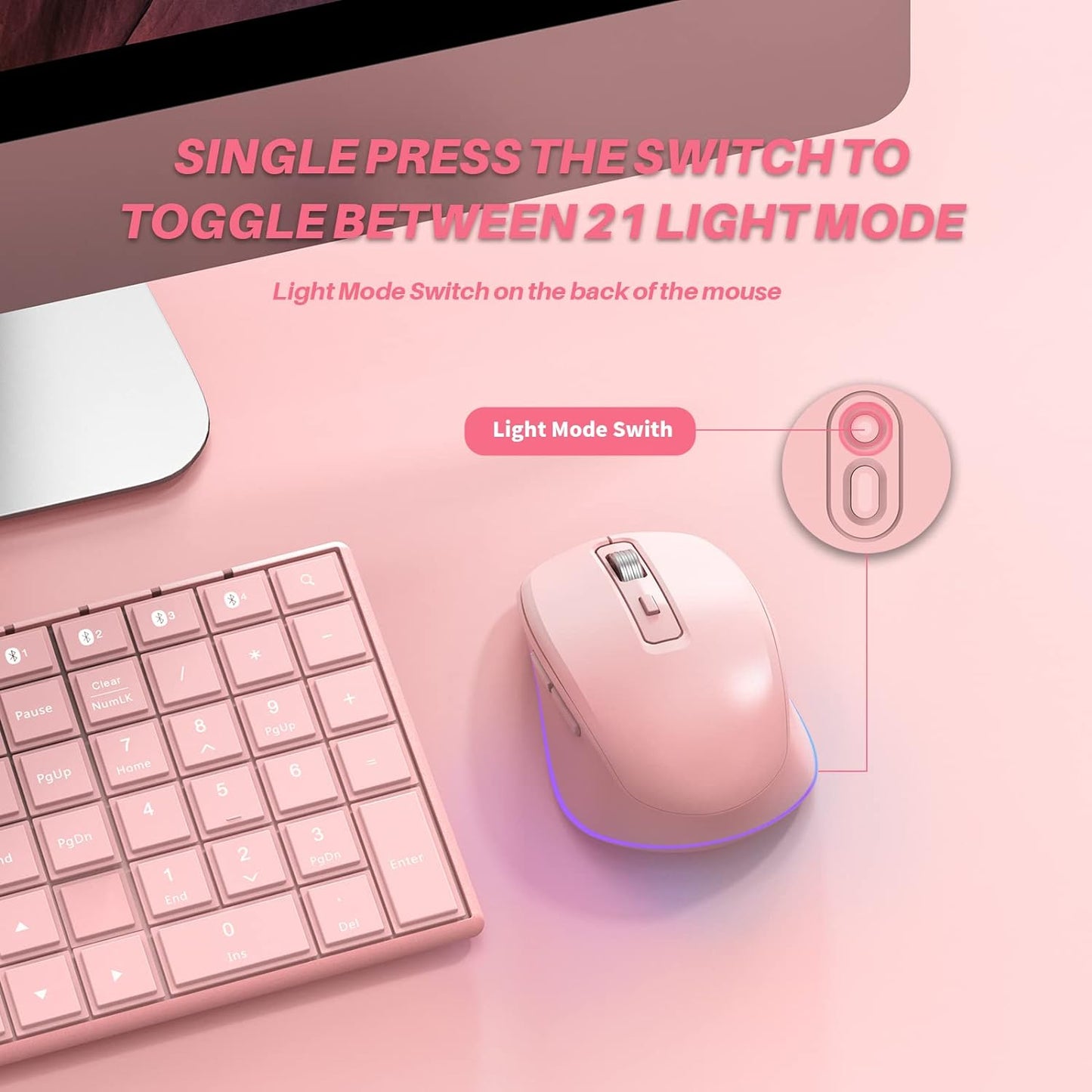 Jiggler Mouse for Laptop, LED Wireless Mouse - Rechargeable Computer Mice, Mouse Mover Undetectable Automatic Movement with On/Off Button Keeps Computer/Laptop Awake - Pink