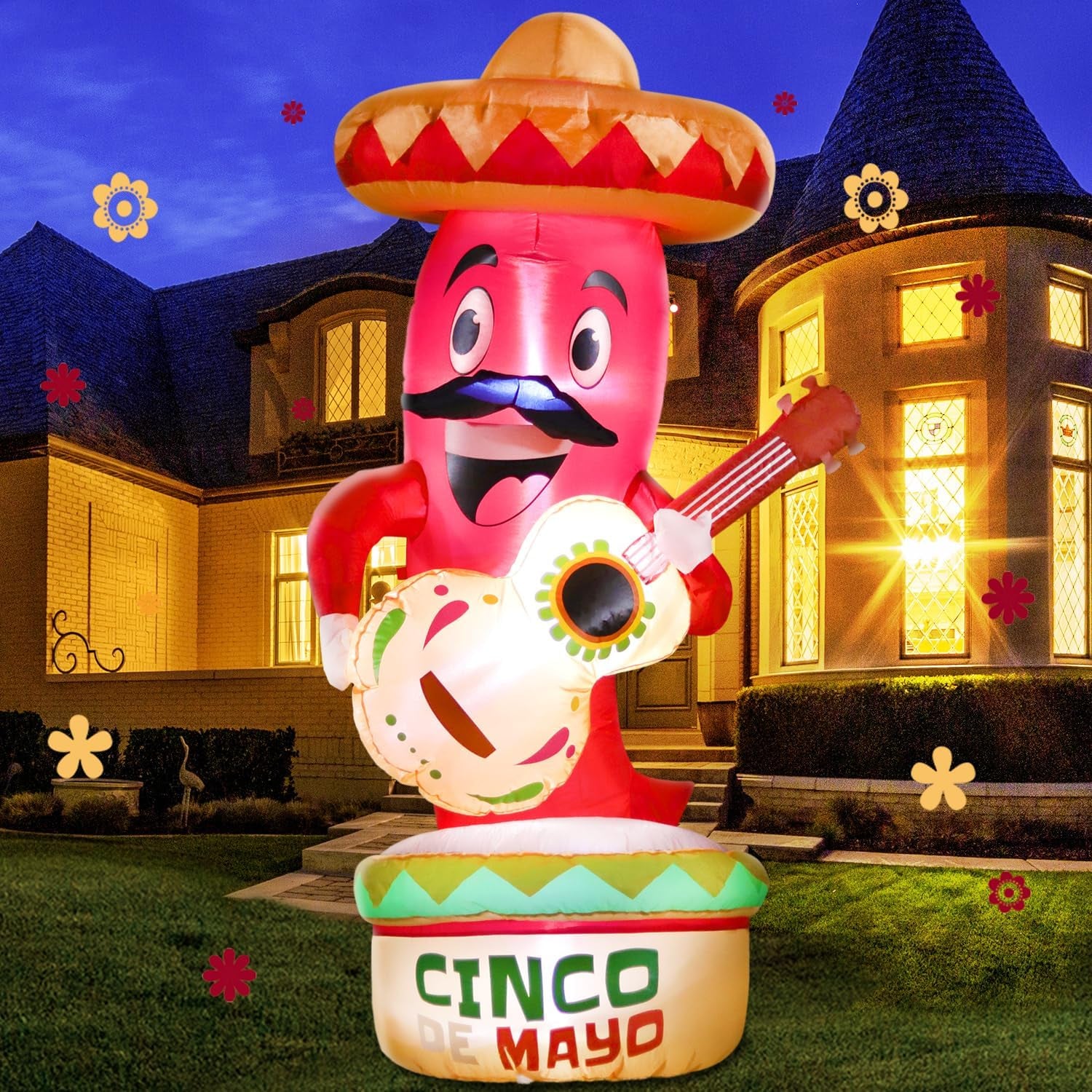 Domkom 6Ft Cinco De Mayo Day Inflatable Chili with Taco Sombreros Guitar, Mexican Party May 5 Taco Sombreros Glasses Built-In Leds Light Fiesta Maracas Blow up for Garden Lawn Yard