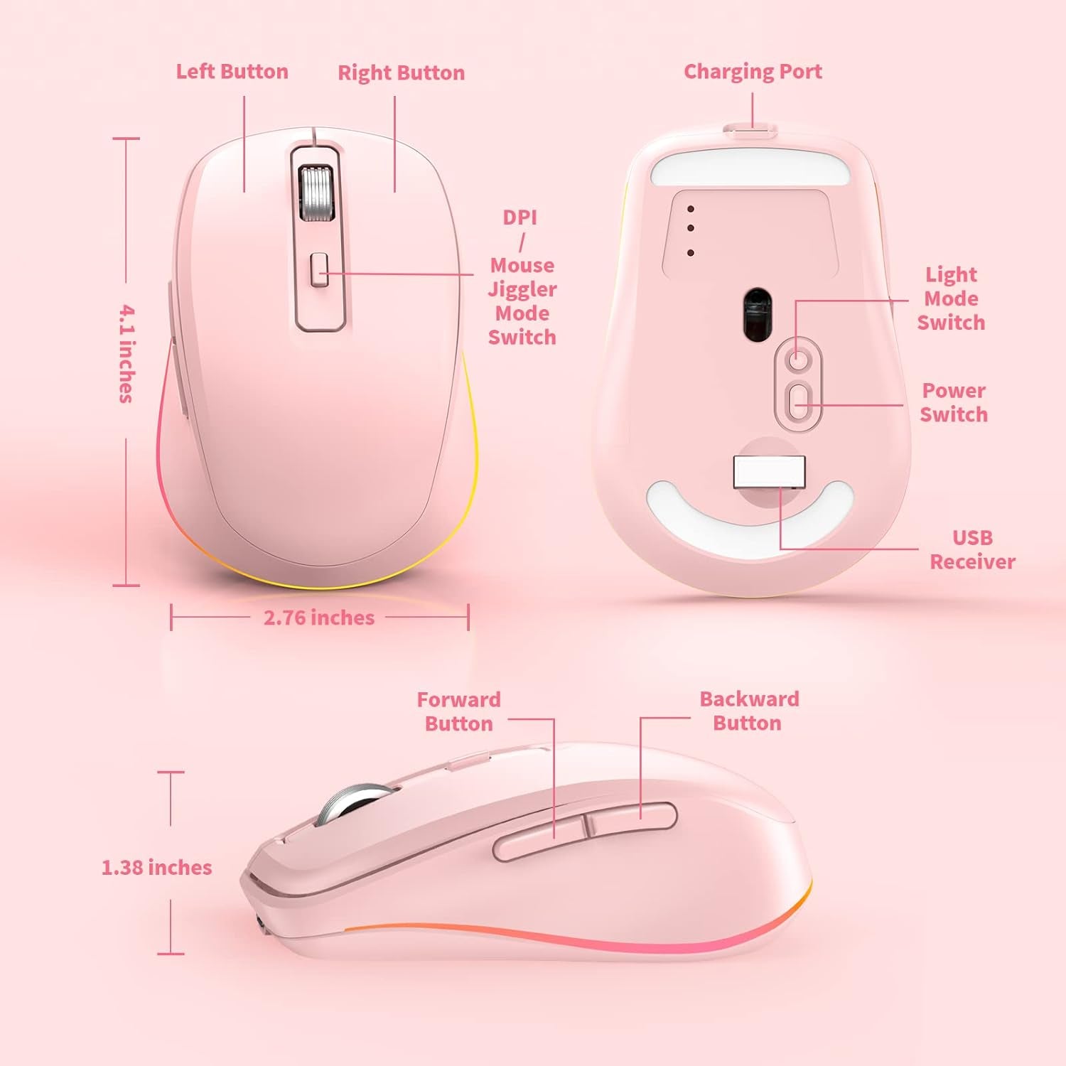 Jiggler Mouse for Laptop, LED Wireless Mouse - Rechargeable Computer Mice, Mouse Mover Undetectable Automatic Movement with On/Off Button Keeps Computer/Laptop Awake - Pink