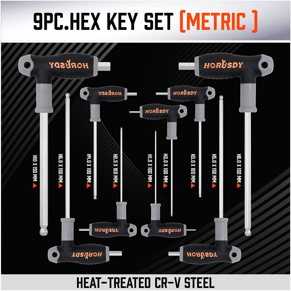 HORUSDY 18-Piece T-Handle Allen Wrench Set, Inch/Metric Long Arm Ball End Hex Key Wrench Set, Mm(1.5Mm-10Mm) SAE(1/16"-3/8")