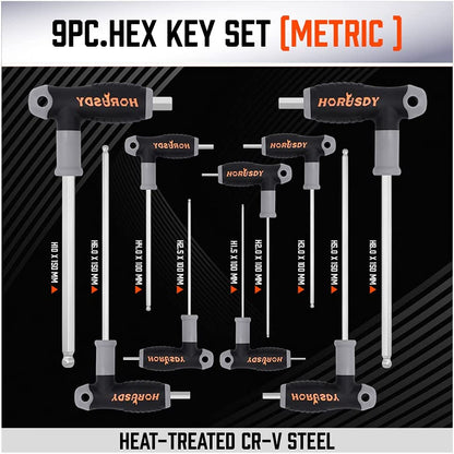 HORUSDY 18-Piece T-Handle Allen Wrench Set, Inch/Metric Long Arm Ball End Hex Key Wrench Set, Mm(1.5Mm-10Mm) SAE(1/16"-3/8")