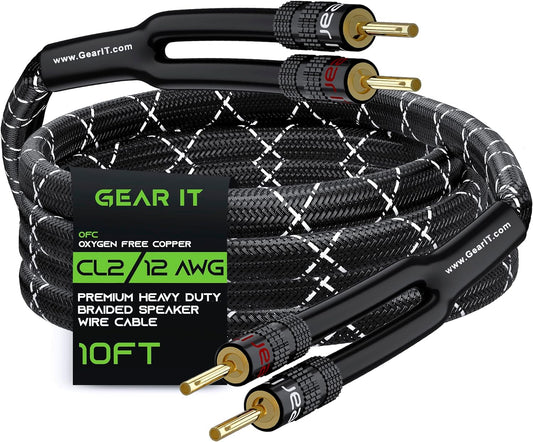 Gearit 12AWG Speaker Cable Wire with Gold-Plated Banana Tip Plugs (10 Feet) In-Wall CL2 Rated, Heavy Duty Braided, 99.9% Oxygen-Free Copper (OFC) - Black, 10Ft