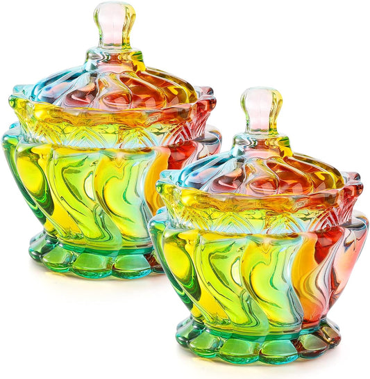 Youeon Set of 2 Colorful Glass Candy Dish with Lids, 7 Oz Covered Candy Bowl, Rainbow Candy Dish, Jewelry Dish, Small Decorative Jars for Candy Buffet, Kitchen, Home, Office Desk