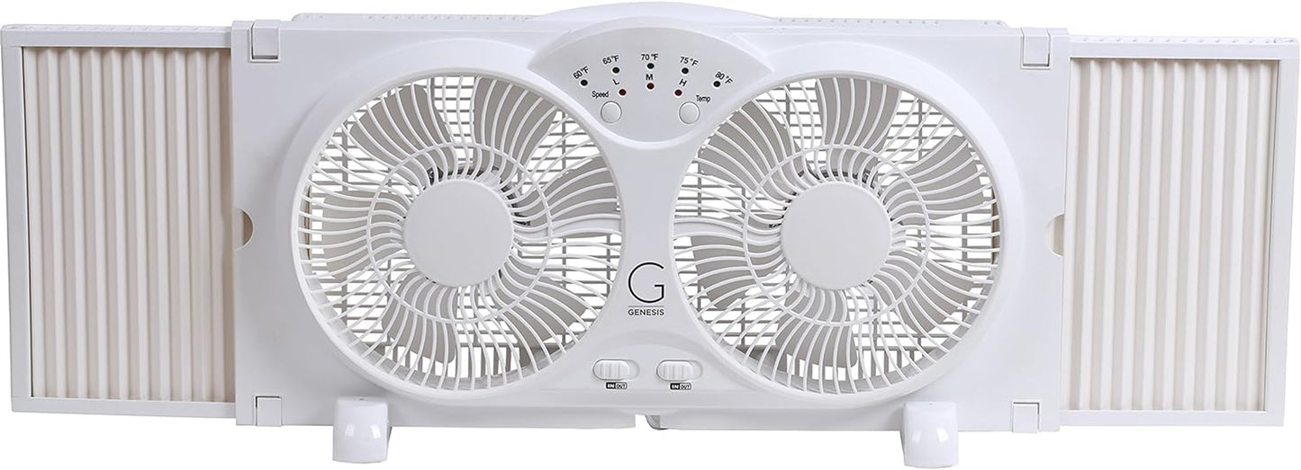 Genesis Twin Fan High Velocity Reversible Airflow Fan, LED Indicator Lights Adjustable Thermostat & Max Cool Technology, ETL Certified, White (A1WINDOWFAN)