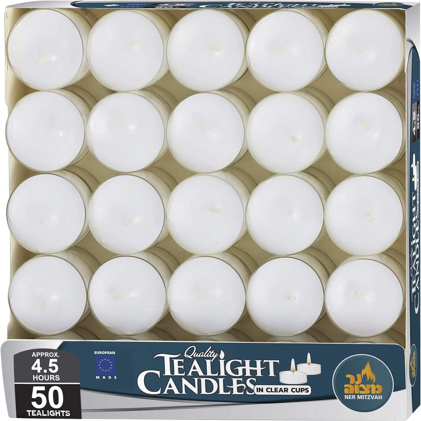 Ner Mitzvah Tea Light Candles - 50 Bulk Pack - White Unscented Tealight Candles in Clear Cup - Long Burning - 4.5 Hour