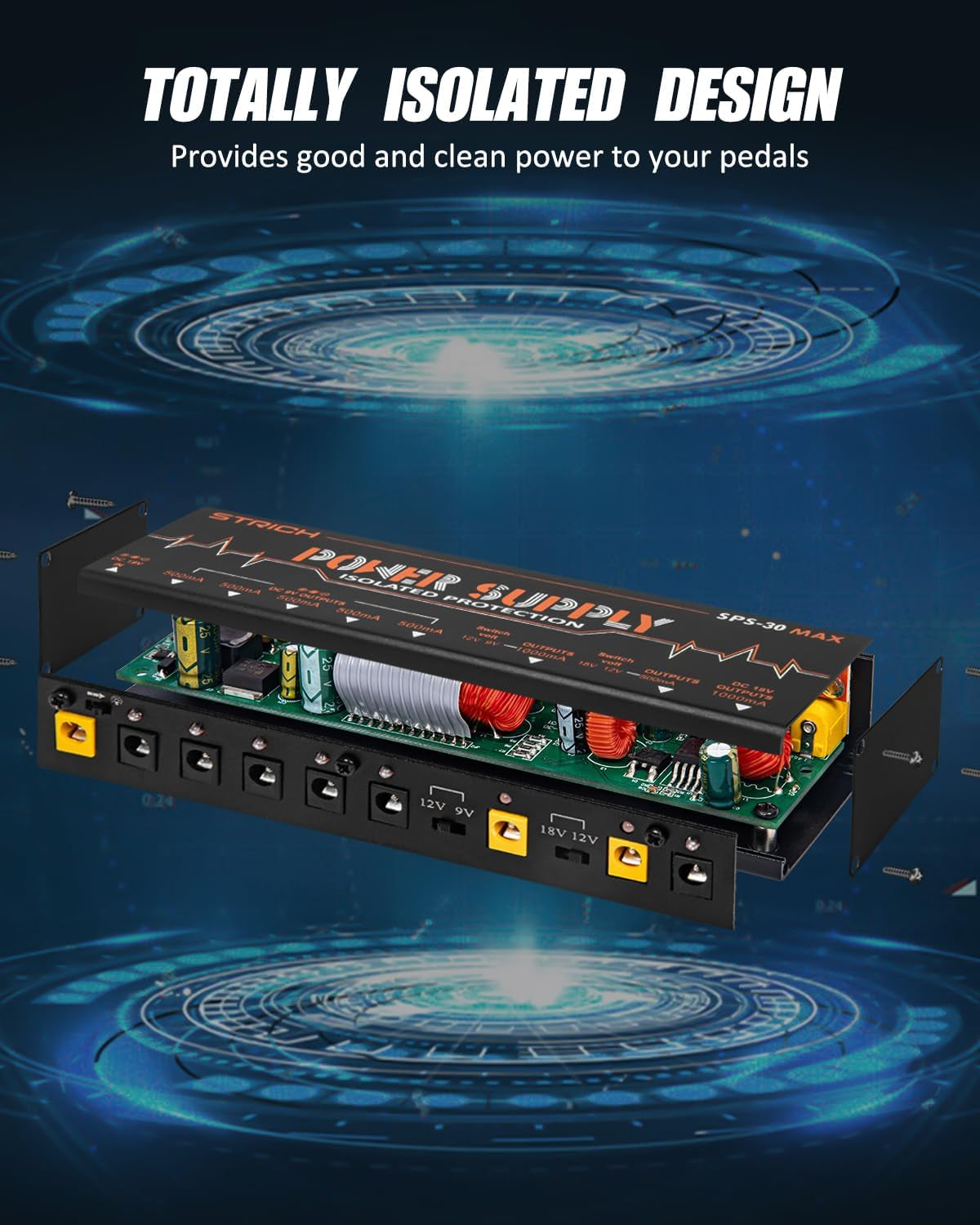 STRICH SPS-30 MAX Guitar Pedal High Power Supply, Pedalboard Power Supply with 8 Totally True Isolated DC 9V/12V/18V Outputs(500Ma/1000Ma), Power Supply for Power-Hungry Effect Pedal, Noiselessly