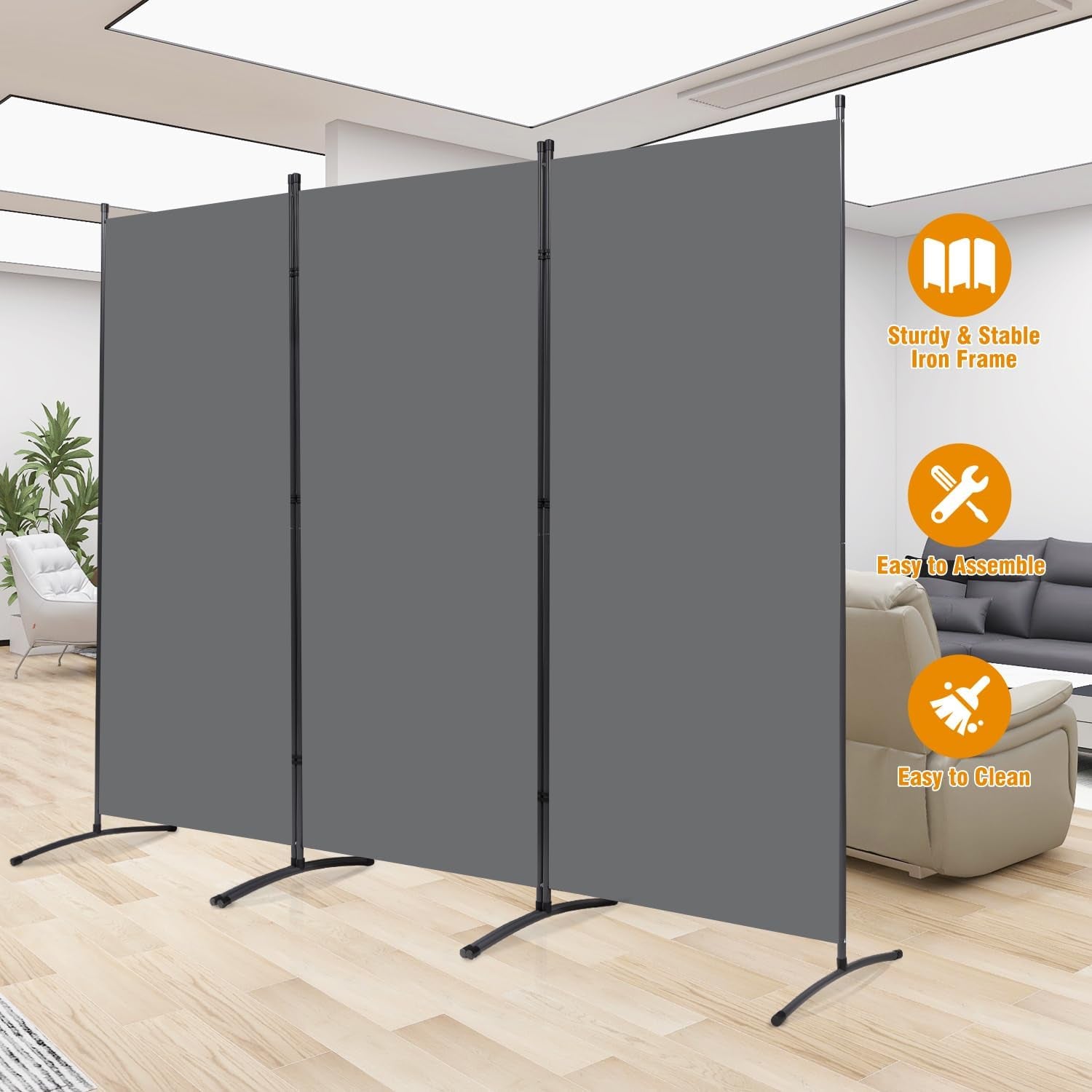 3 Panel Folding Privacy Screens, 6 FT Tall Wall Divider with Metal Frame, Freestanding Room Divider for Office Bedroom Study (3 Panel, Grey)