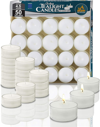 Ner Mitzvah Tea Light Candles - 50 Bulk Pack - White Unscented Tealight Candles in Clear Cup - Long Burning - 4.5 Hour