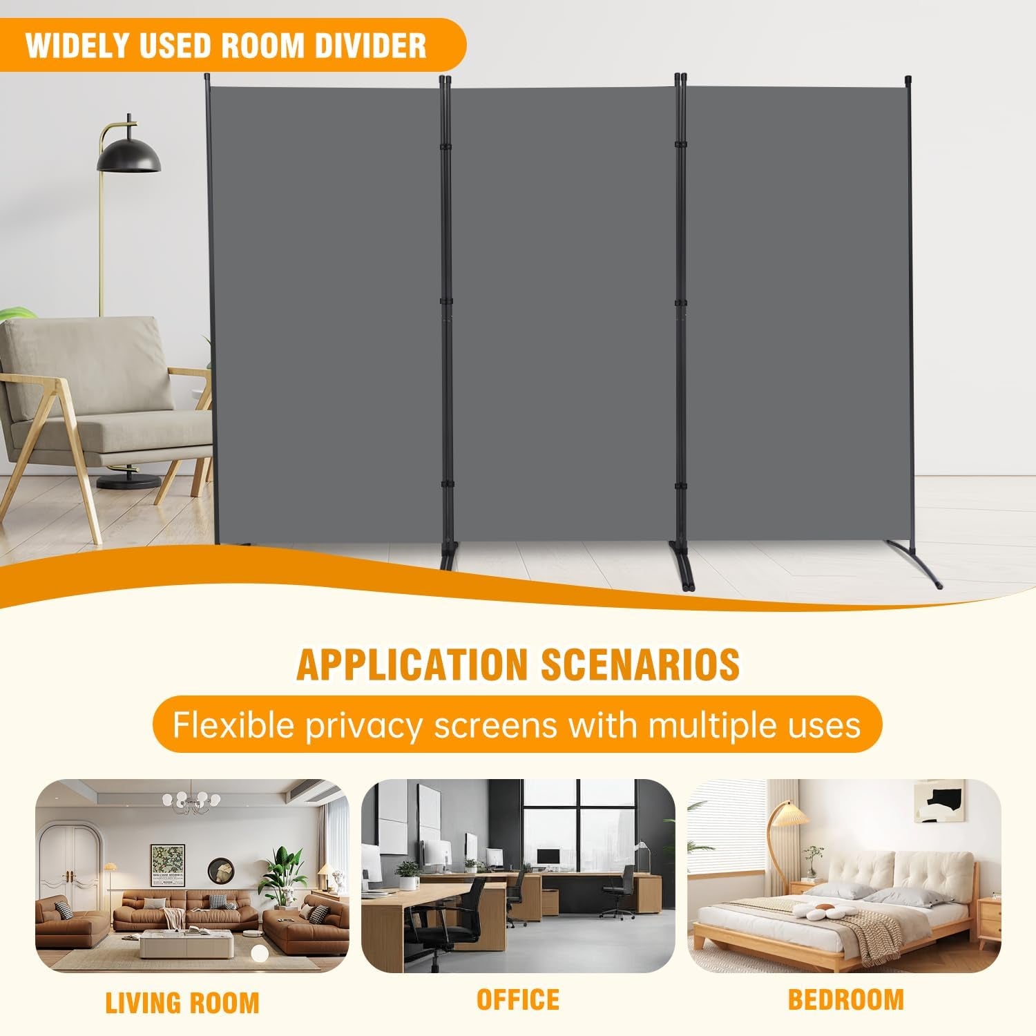 3 Panel Folding Privacy Screens, 6 FT Tall Wall Divider with Metal Frame, Freestanding Room Divider for Office Bedroom Study (3 Panel, Grey)