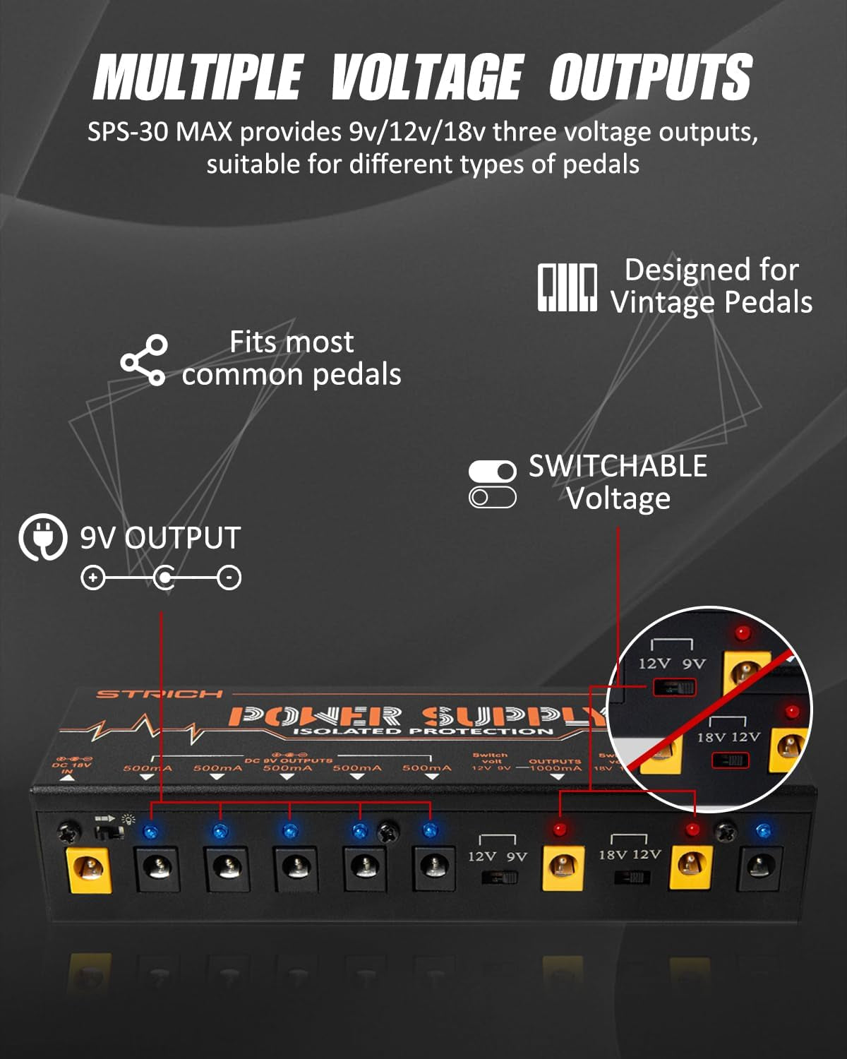 STRICH SPS-30 MAX Guitar Pedal High Power Supply, Pedalboard Power Supply with 8 Totally True Isolated DC 9V/12V/18V Outputs(500Ma/1000Ma), Power Supply for Power-Hungry Effect Pedal, Noiselessly