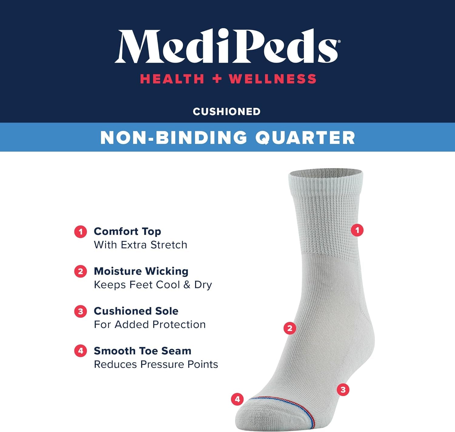 Medipeds Mens 8 Pack Diabetic Quarter Socks with Non-Binding Top