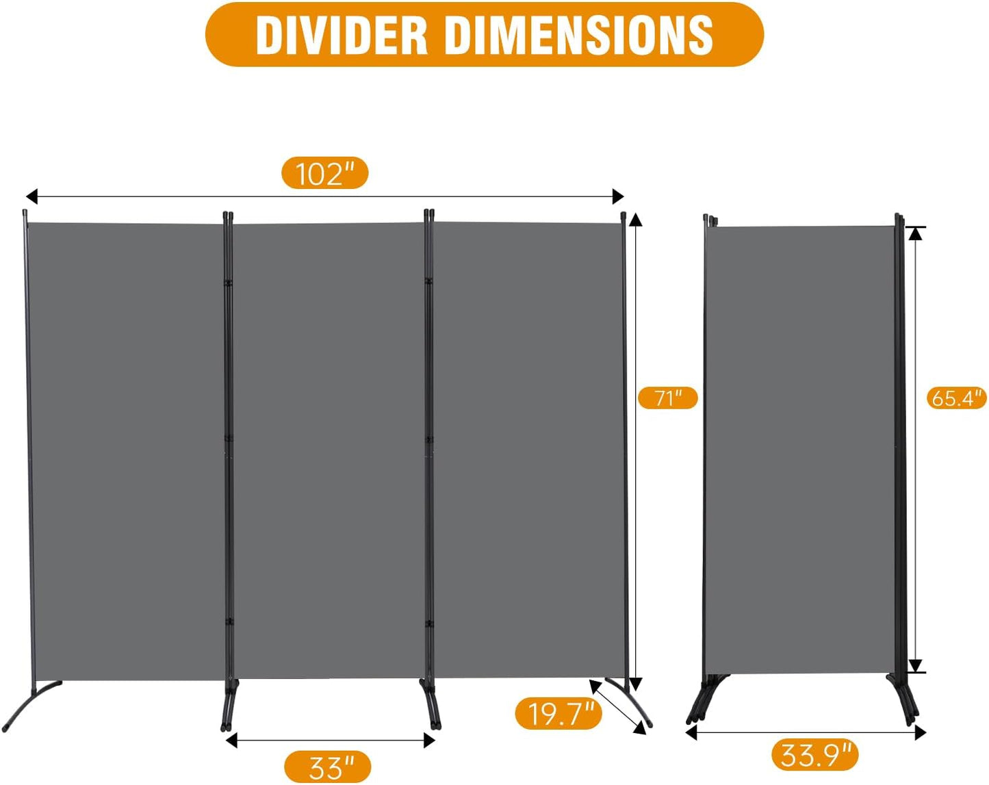 3 Panel Folding Privacy Screens, 6 FT Tall Wall Divider with Metal Frame, Freestanding Room Divider for Office Bedroom Study (3 Panel, Grey)