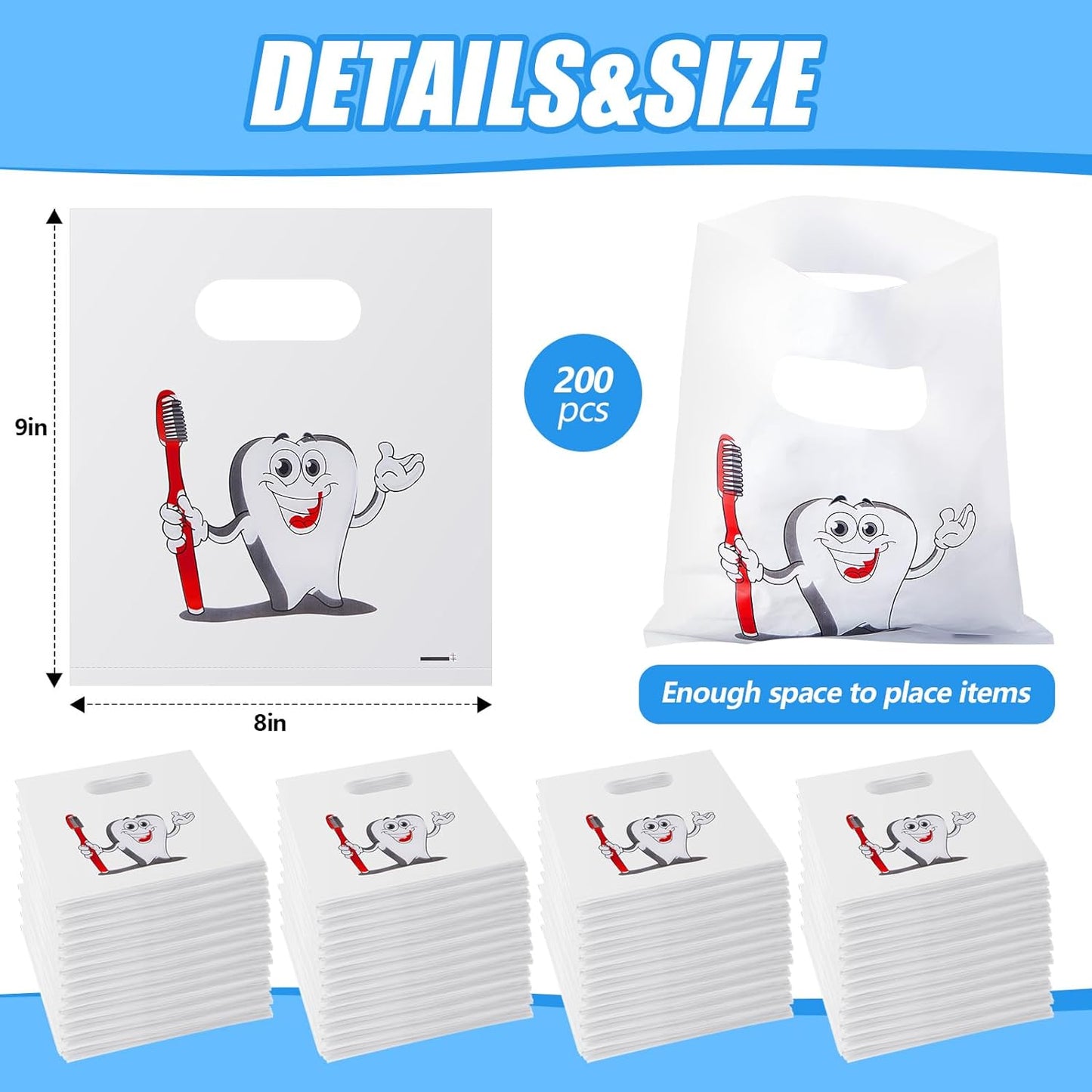 200 Pcs Tooth Patient Care Dental Bags 9 X 8 Inches Plastic Merchandise Bags Dental Bags for Patients Dental Clinics Patient Encouragement Gifts Party Favors (Patient)