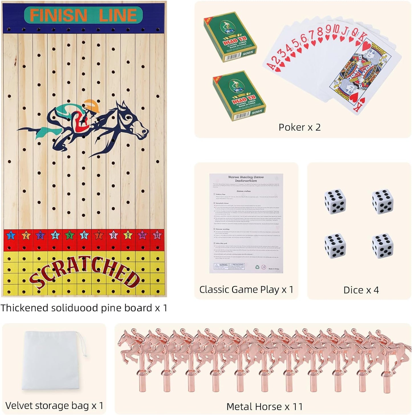 Horse Race Board Game, Wooden Horse Racing Board Games Set with 11 Deluxe Classic Metal Horses, 4 Dice and 2 Boxes of Playing Cards (Race Board)