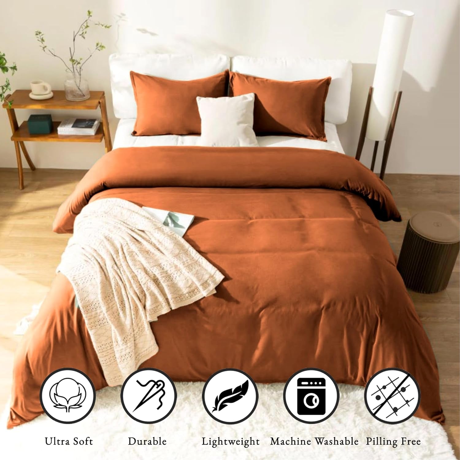 Burnt Orange Duvet Cover Queen Size Set, 3 Pieces, 1 Soft Rustic Bedding Duvet Cover 90×90 Inches with Zipper Closure 8 Ties and 2 Pillow Shams for Queen Size Bed (Rust, Queen)