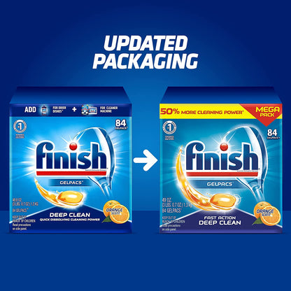 Finish All in 1 Gelpacs Orange, Dishwasher Detergent Tablets 84 Count (Packaging May Vary )