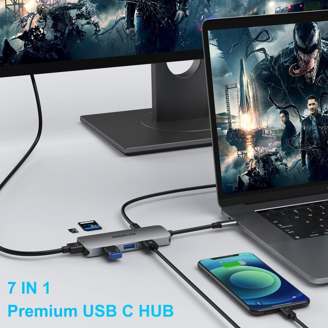 USB C Adapter for Macbook Pro/Air, Mokin USB C Hub, Mac Dongle, 7 in 1 Multiports USB C Hub to 3 USB 3.0, 4K HDMI, SD/TF Card Reader and 100W PD Adapters for Dell HP Lenovo Surface and More