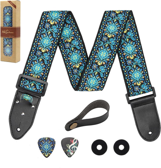 Adjustable Guitar Strap for Electric/Acoustic Guitar/Bass, Includes 2 Picks + Strap Locks + Strap Button, Cotton Jacquard Embroidered Genuine Leather Ends Guitar Straps with 1 Pick Holder, Blue