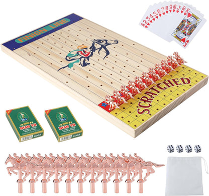 Horse Race Board Game, Wooden Horse Racing Board Games Set with 11 Deluxe Classic Metal Horses, 4 Dice and 2 Boxes of Playing Cards (Race Board)