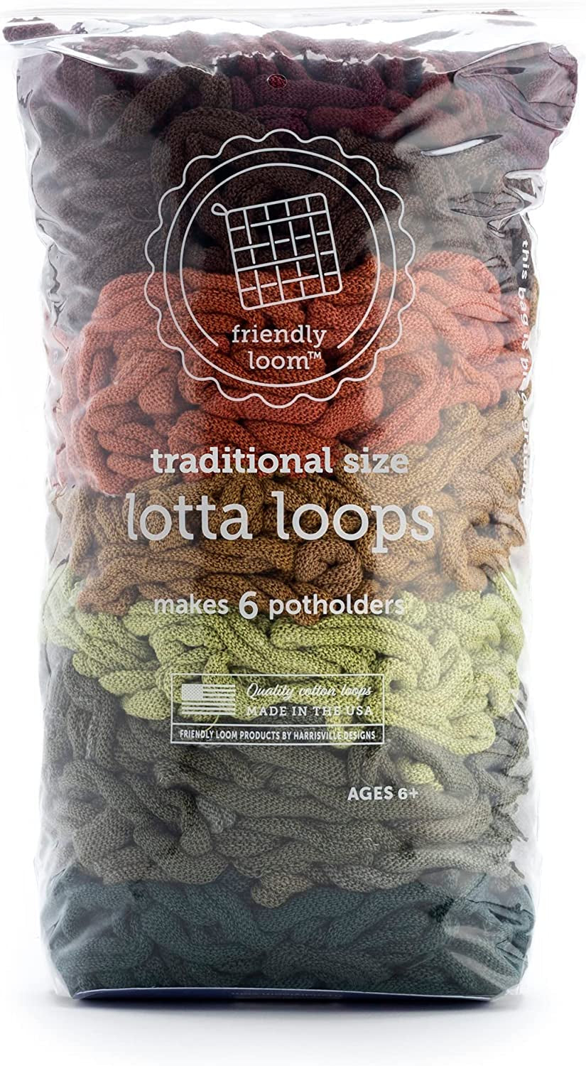 Friendly Loom Lotta Loops Earthtones 7" Traditional Size Cotton Loops to Make 6 (6" X 6") Potholders by Harrisville Designs Made in the USA