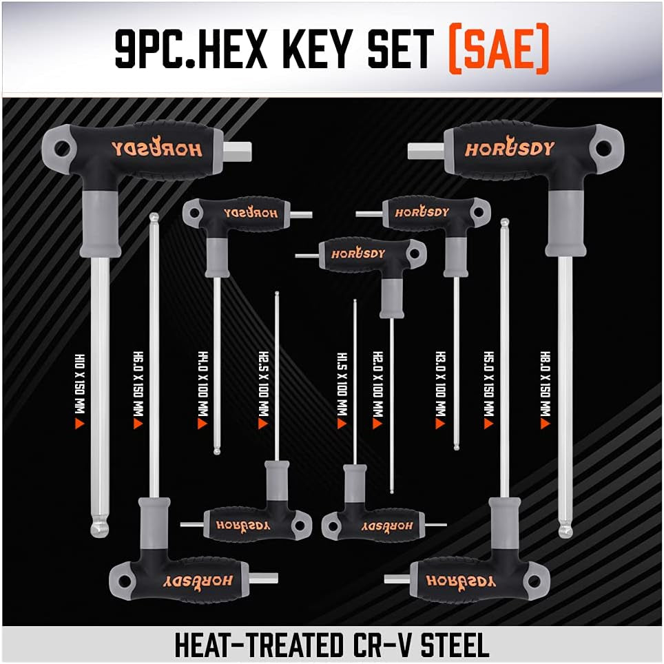 HORUSDY 18-Piece T-Handle Allen Wrench Set, Inch/Metric Long Arm Ball End Hex Key Wrench Set, Mm(1.5Mm-10Mm) SAE(1/16"-3/8")