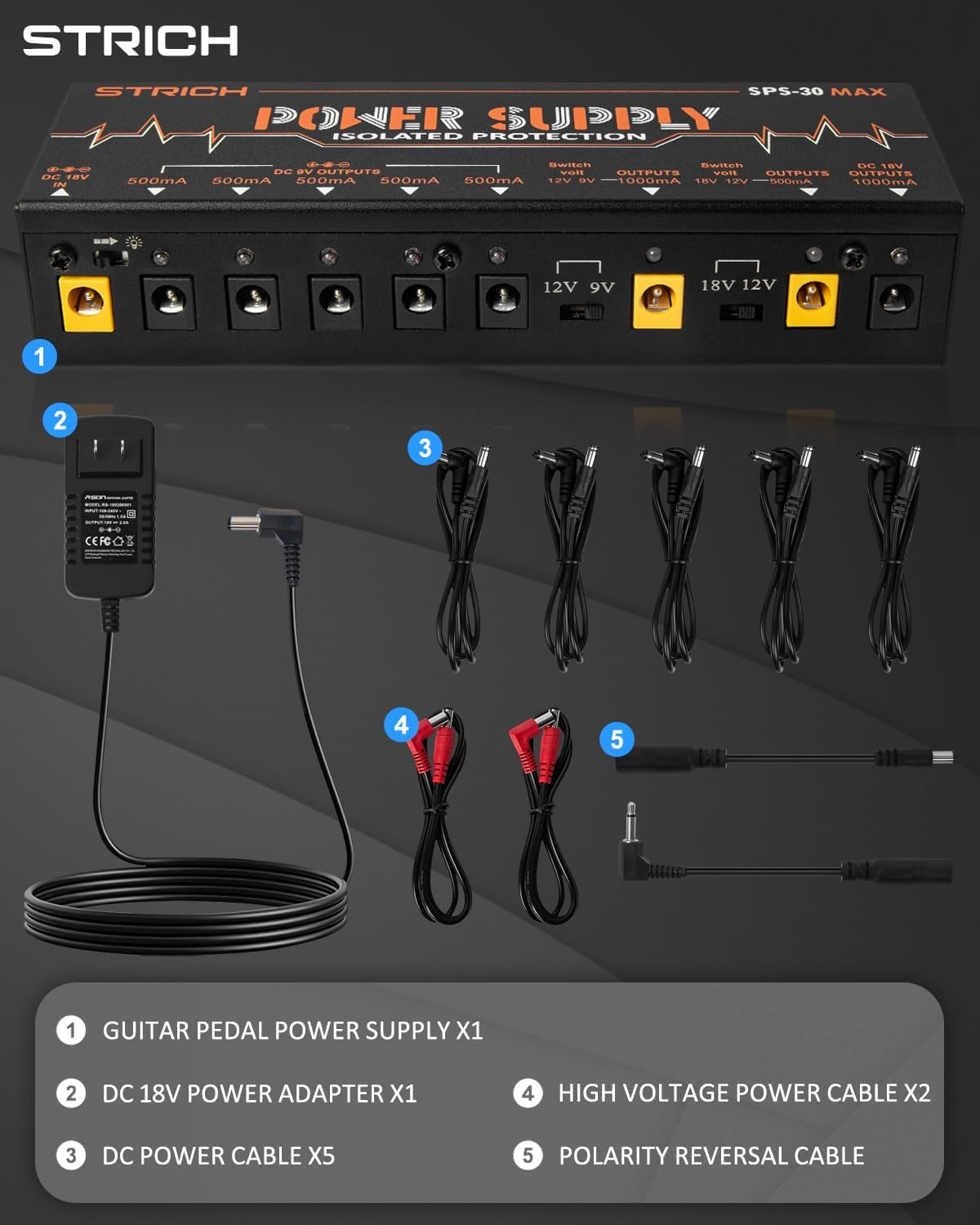 STRICH SPS-30 MAX Guitar Pedal High Power Supply, Pedalboard Power Supply with 8 Totally True Isolated DC 9V/12V/18V Outputs(500Ma/1000Ma), Power Supply for Power-Hungry Effect Pedal, Noiselessly