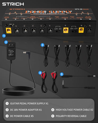 STRICH SPS-30 MAX Guitar Pedal High Power Supply, Pedalboard Power Supply with 8 Totally True Isolated DC 9V/12V/18V Outputs(500Ma/1000Ma), Power Supply for Power-Hungry Effect Pedal, Noiselessly