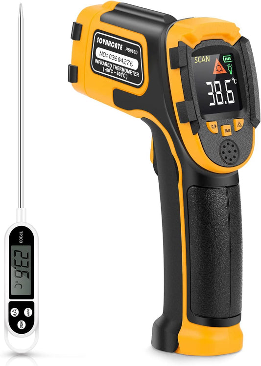 Infrared Thermometer Non-Contact Digital Laser Temperature Gun -58℉～1112℉(-50℃～600℃) Adjustable Emissivity IR Temp Gun - for Cooking, BBQ, Food, Fridge, Pizza Oven, Engine - Meat Thermometer Included