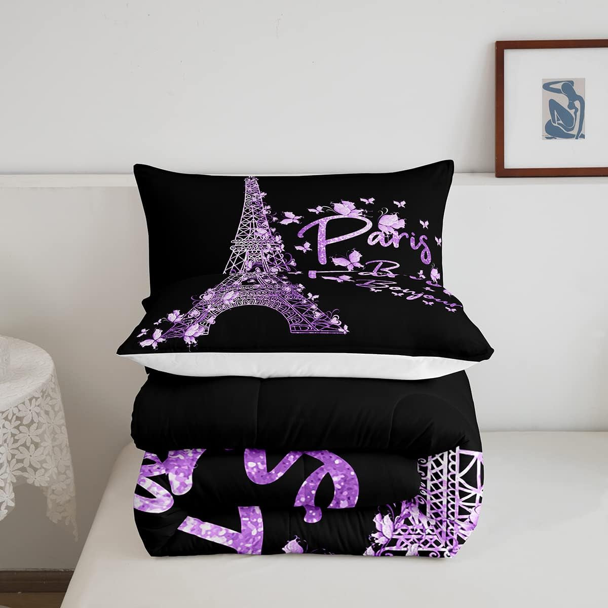 Paris Eiffel Tower Comforter Set Girly Lavender Purple Bedding Set for Kids Boys Girls Butterfly Comforter Famous City Scene Decor Quilt Set Room 3Pcs Full Size