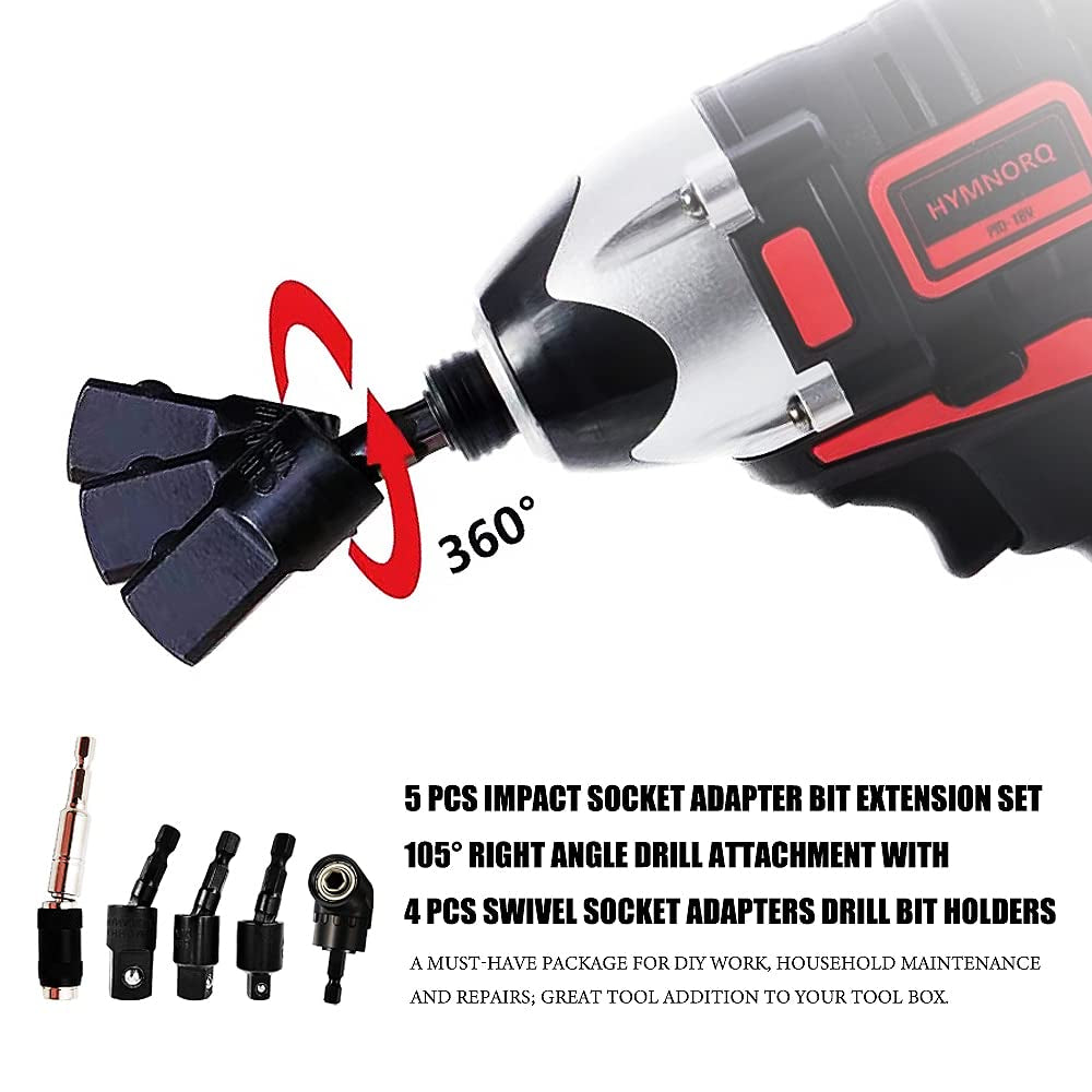 Magnetic Bit Holder Set 5 PCS for Tight Space, Right Angle Drill Attachment 105°+ Magnetic Pivot Bit Holder Quick Change Drill Bit Extension+Swivel Socket Adapter 3PCS 1/2” 3/8” 1/4” Rotatable Hex Bit