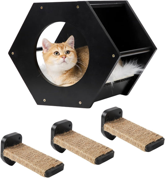 Cat Wall Shelves, Cat Shelves for Wall, Cat Wall Furniture, Cat Shelf with 3 Steps Scratcher Post, Cat Tree Hammock with Plush Wall Mounted, Climbing Shelf Wall Mount for Indoor Cats (Black)