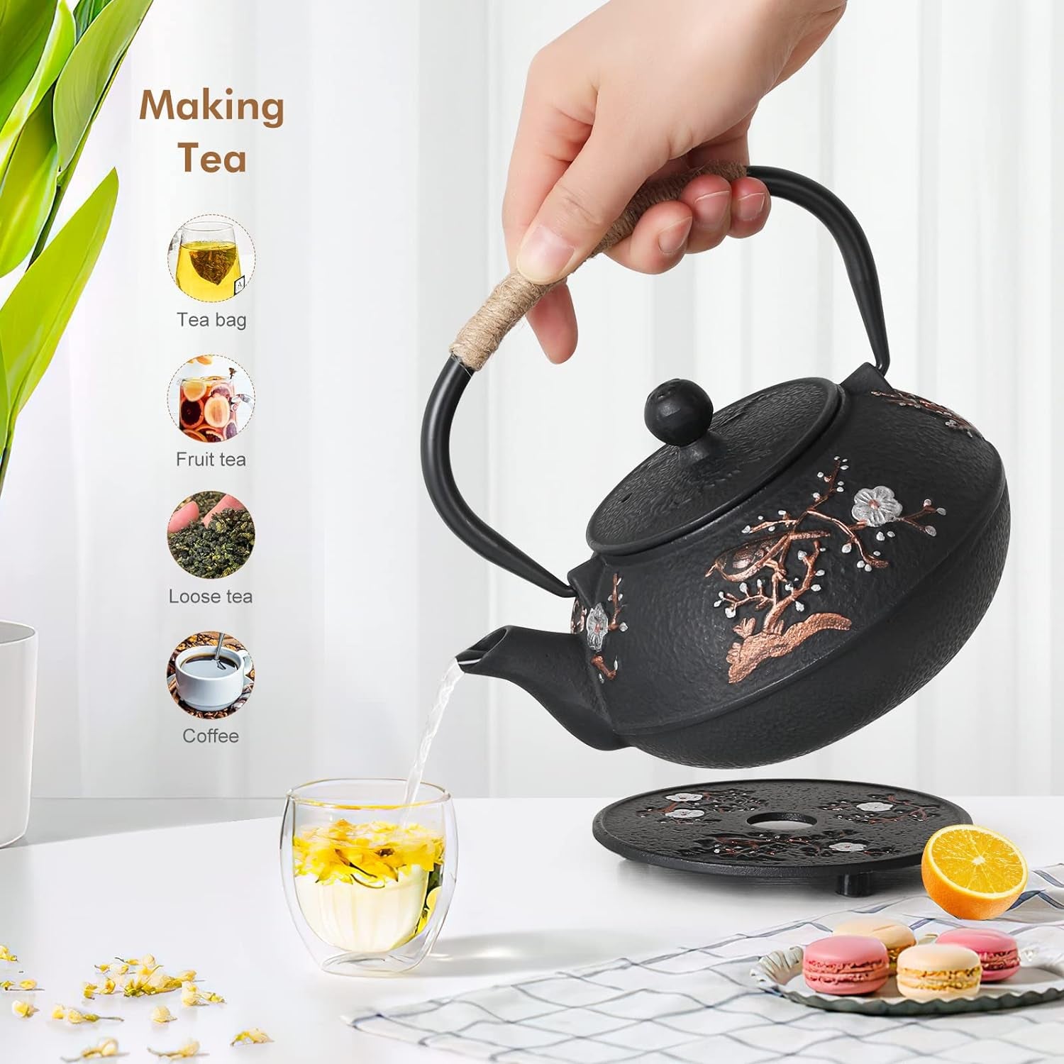 Japanese Style Cast Iron Teapot with 4 Tea Cups Trivet Tetsubin Tea Kettle with Infuser Chinese Tea Set for Adults Iron Tea Pots Black (Magpie and Plum Pattern)