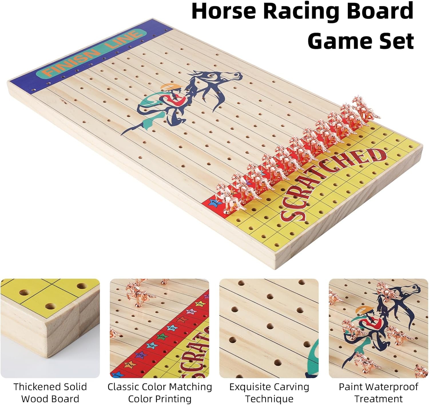 Horse Race Board Game, Wooden Horse Racing Board Games Set with 11 Deluxe Classic Metal Horses, 4 Dice and 2 Boxes of Playing Cards (Race Board)