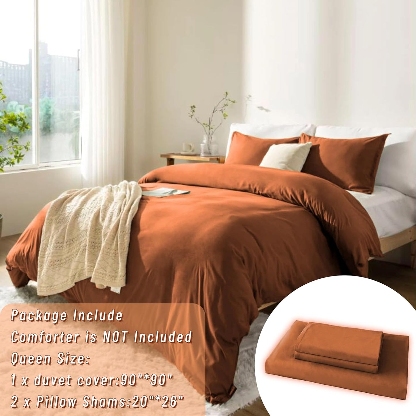 Burnt Orange Duvet Cover Queen Size Set, 3 Pieces, 1 Soft Rustic Bedding Duvet Cover 90×90 Inches with Zipper Closure 8 Ties and 2 Pillow Shams for Queen Size Bed (Rust, Queen)