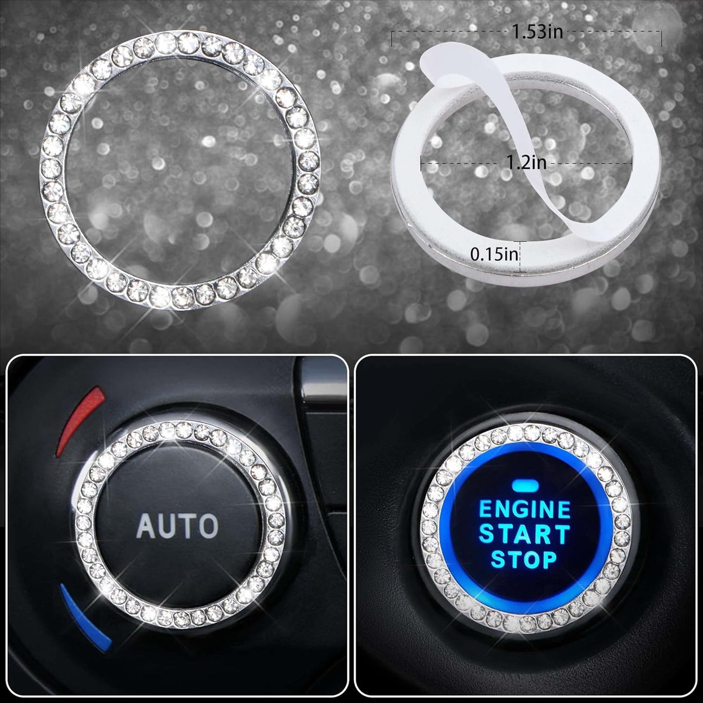 CAR PASS 7 PCS Bling Car Accessories for Women, Sparkly Rhinestone Diamond Steering Wheel Cover, Bling Seat Belt Cushion, Glitter Shift Knob Cover, Car Cup Holder Coaster, Cute Interior Sets Silver