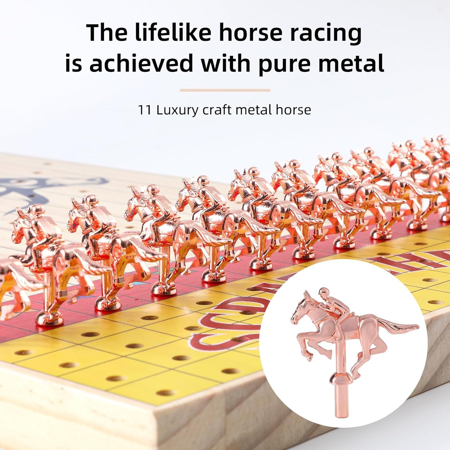 Horse Race Board Game, Wooden Horse Racing Board Games Set with 11 Deluxe Classic Metal Horses, 4 Dice and 2 Boxes of Playing Cards (Race Board)